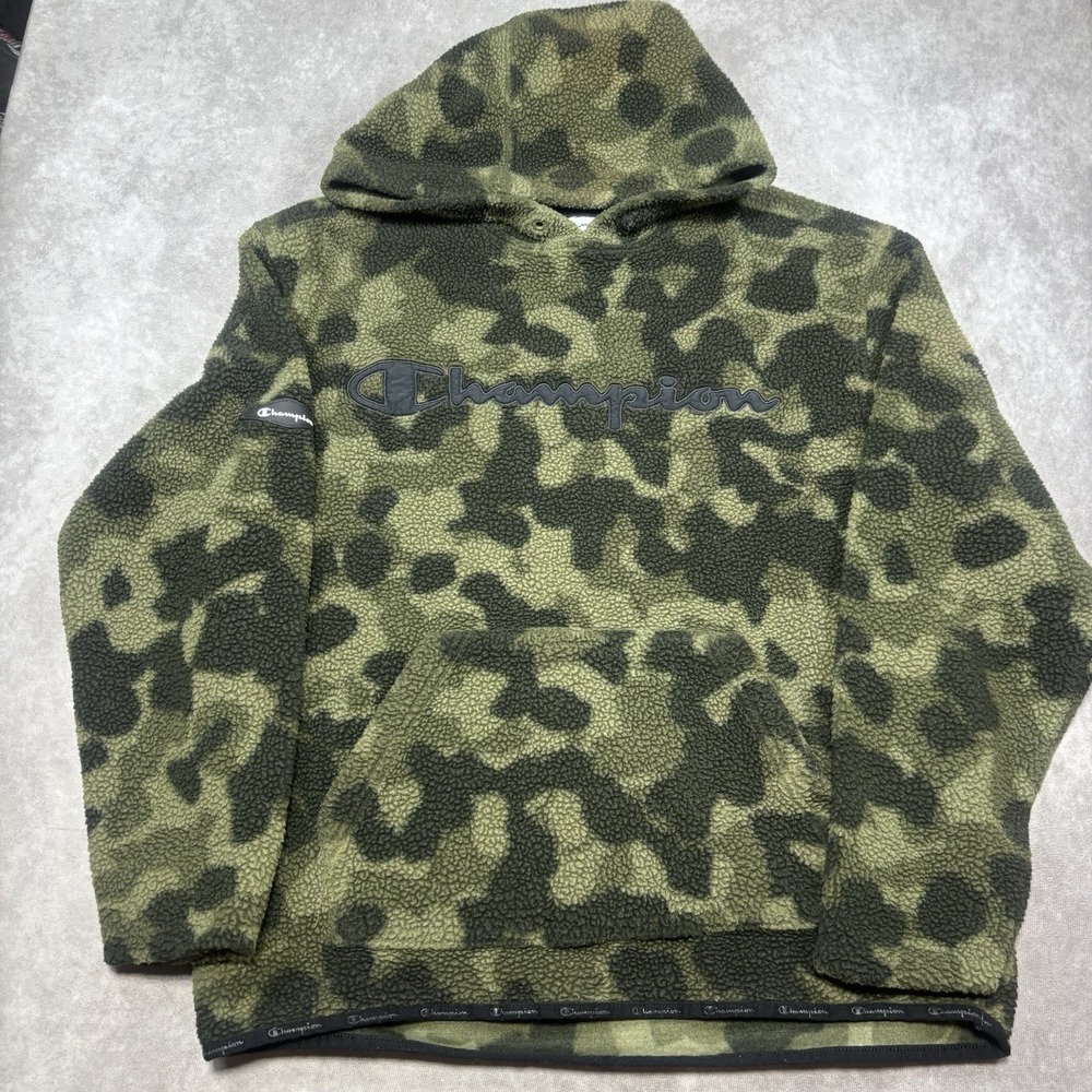 Champion Hoodie Camo Pullover Sherpa Sweatshirt Unisex Medium Long Sleeve Green - Picture 2 of 11